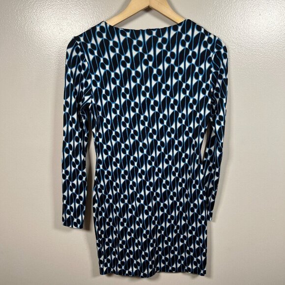 DVF Diane Von Furstenberg Reina Dress Size 2 Silk Blue Black Long Sleeve Shift - Picture 2 of 9